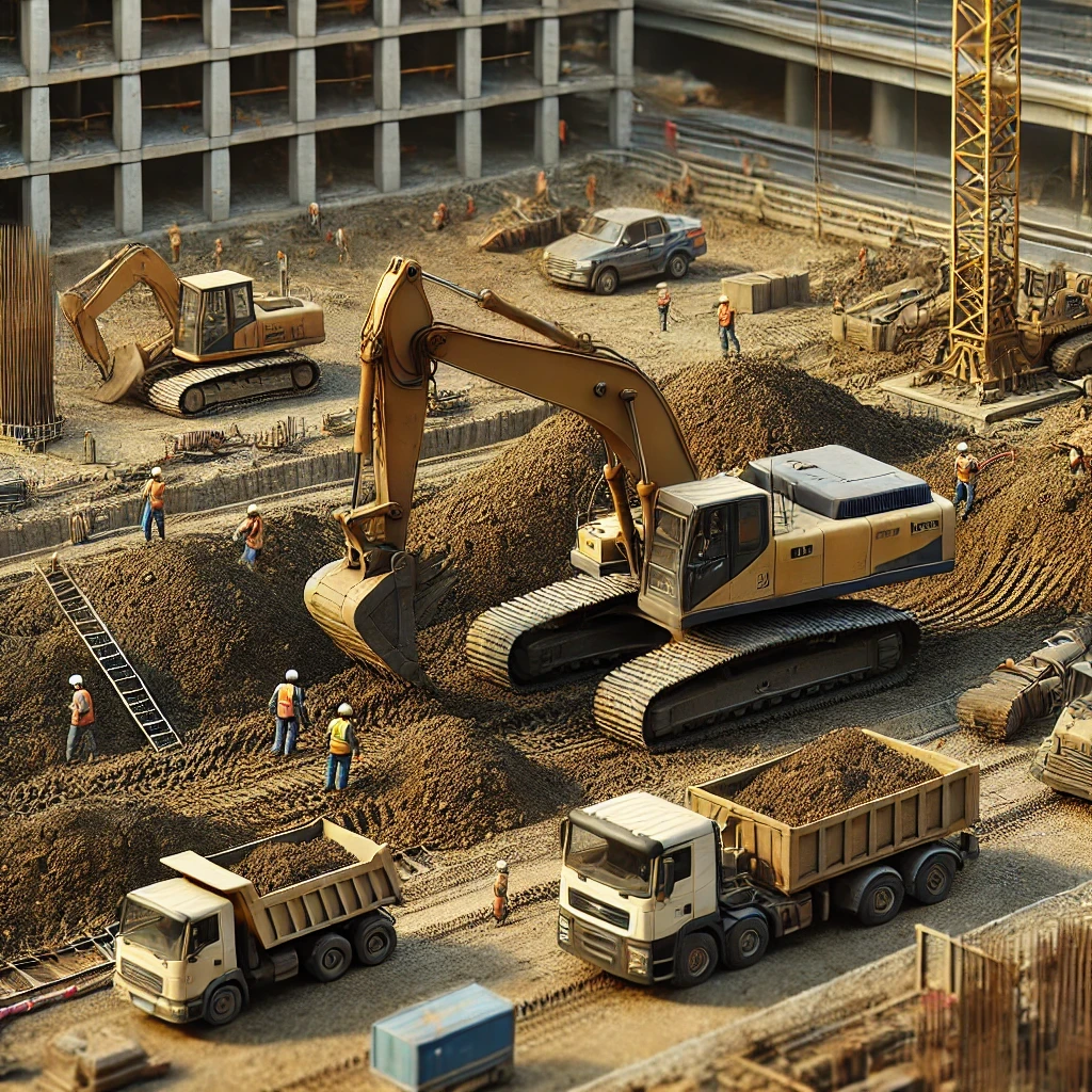 Şantiye alanında hafriyat kazısı - ekskavatörler ve kamyonetlerle toprak yükleme