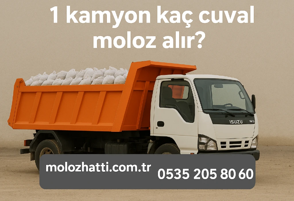 Turuncu damperli kamyonun kasasında beyaz moloz çuvalları yüklü halde.